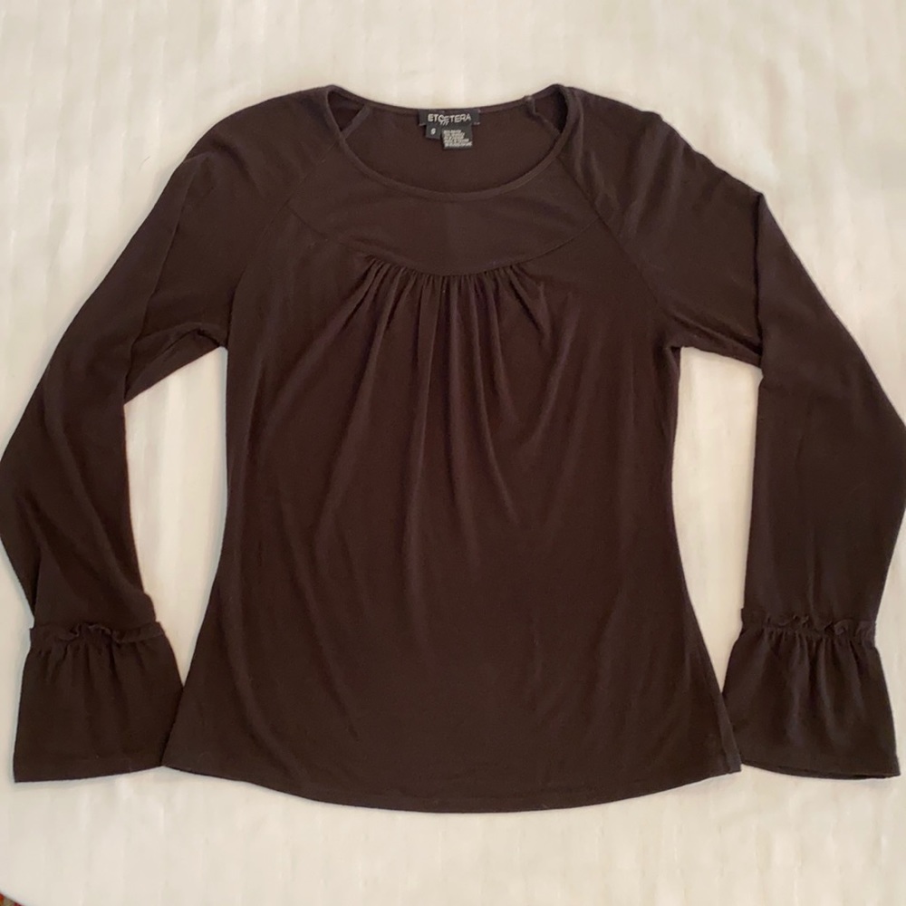 Etcetera Chocolate Brown Vintage Long Sleeve Tee Shirt with Ruffles Size Small